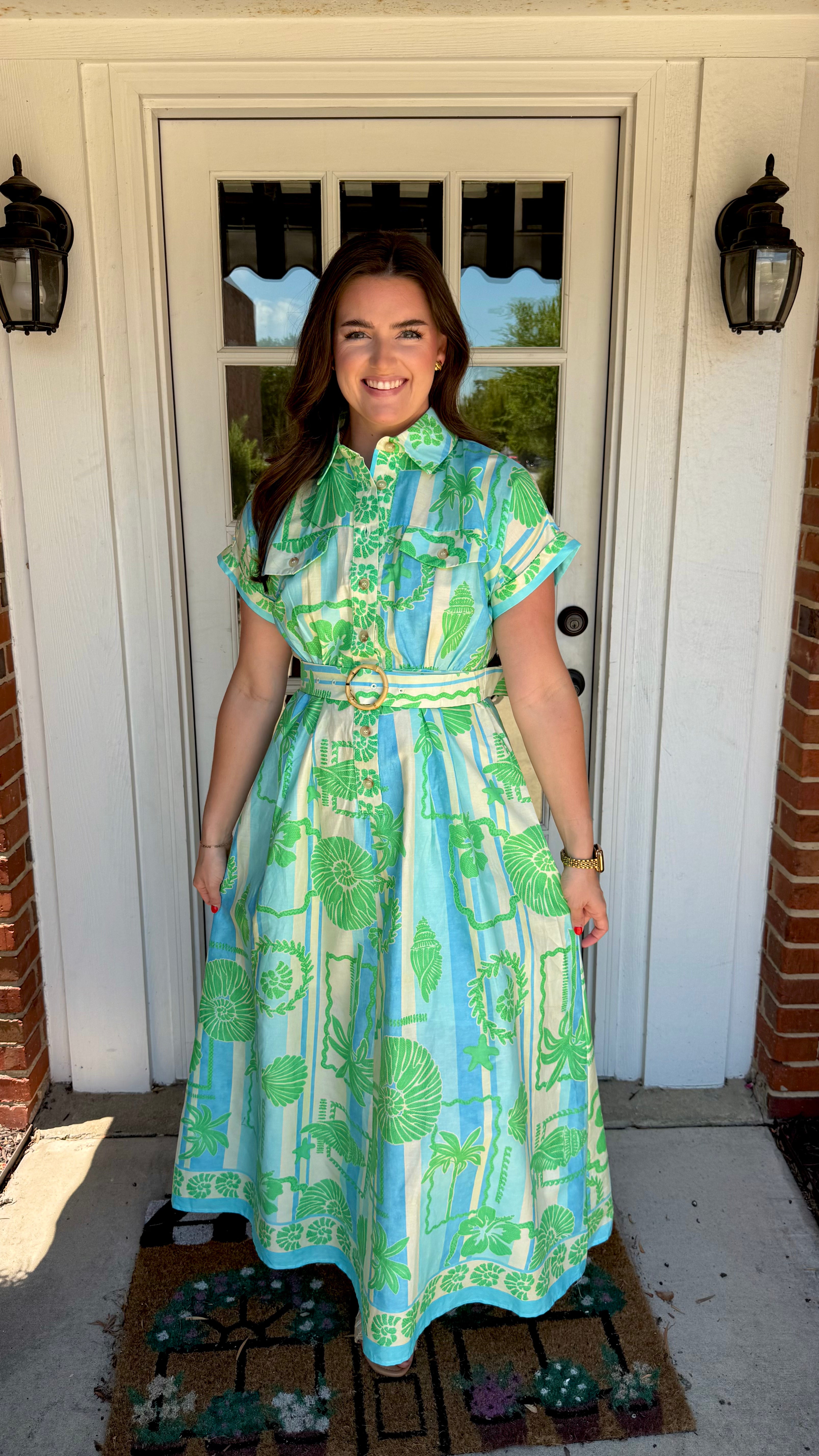 karlie dress Vintage Floral Ruffle Neck Shirt She is 57 Sea Shell Maxi Dress